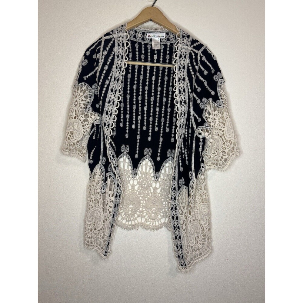 London Kaye Short Sleeve Crochet Embroidered Kimono OS Boho Black Festival
